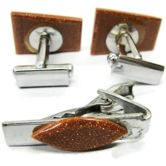 Cufflinks Silver Tone Copper Glitter Set Neck Tie Clip Tux Shirt Dress Suit Vtg - Picture 6 of 7